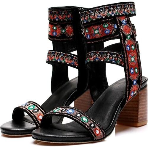 Hand-embroidered sheepskin national style leather shoes for womens shoes, sandals high heel and genuine leather Roman shoes