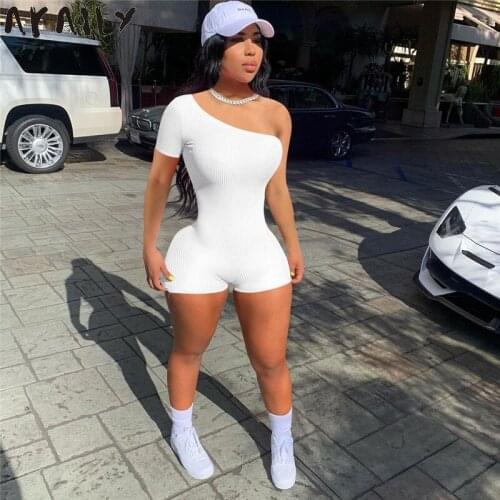 Akaily 2021 Streetwear Black Slim Rompers Solid Womens Jumpsuit Summer Outfit White One Shoulder Bodycon Backless Romper Female
