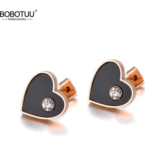 BOBOTUU Titanium Stainless Steel Black Acrylic Heart Wedding Earrings For Women Fashion CZ Crystal Stud Earrings Jewelry BE19252