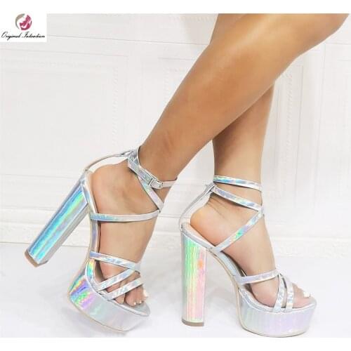 Women Thin Straps Cross Chunky Heels Sandals Patent Leather Colours Silver Bling Bling High Platform Sandals Party Dress Shoes