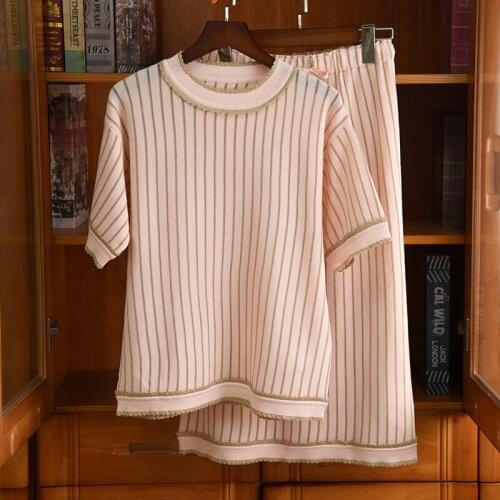 Summer Womens desinger stripe knit T-shirts+knitted Skirts two piece set High quality women elegant skirt suit B310