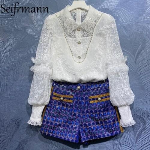 Seifrmann New 2021 Summer Women Fashion Runway Shorts Set Lantern Sleeve Ruffles Embroidery Tops + High Waist Print Shorts Suits