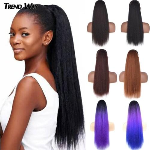 22Inch Long Kinky Straight Ponytail Synthetic Yaki Straight Drawstring Ponytail With Closure Heat Extensions Hair Dropshipping