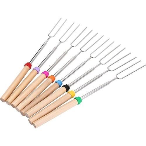 BBQ Forks Camping Campfire Stainless Steel Campground Lunch Tools Wooden Handle Telescoping Barbecue Roasting Fork Sticks Skewer