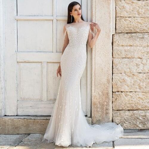 Elegant Wedding Dresses Lace Tassel Pleat Bateau Sleeveless Backless Mermaid Bridal Gowns Novia Do 2021