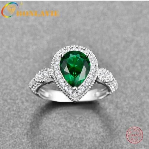 BONLAVIE 925 Silver Rings Green Water Drop Wedding Bands Engagement Silver Rings Fine Jewelry