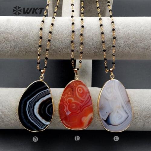 WT-N1077 Wholesale Fashion Jewelry Natural A-gate Slice Necklace Gold Plating Raw Stone Egg,Oval,Round A-gate Necklace For Women