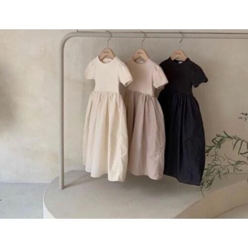 Girls' Dress 2021 Summer Simple Japanese Style Cute Patchwork A-line Skirt Childrens Mori Girl Crew Neck Princess Dress