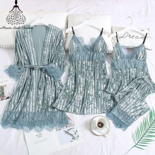 Velvet 4 Pieces Warm Winter Pajamas Sets Women Sexy Lace Robe Pajamas Sleepwear Sleeveless Nightwear Sleep Tops Pyjama
