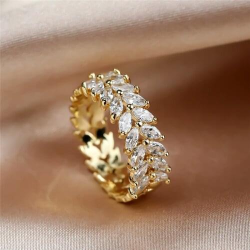 Luxury Female White Leaf Crystal Ring Yellow Gold Silver Color Engagement Ring Vintage Bride Zircon Wedding Rings For Women