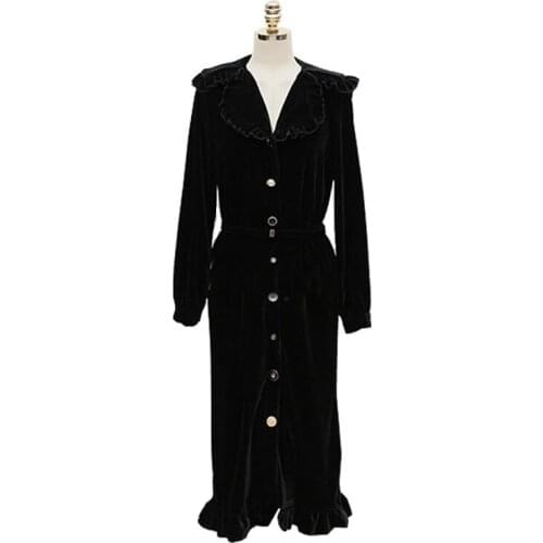 PERHAPS U Black Long Sleeve Solid Ruffle Knee Length Dress Velvet Square Collar Button Sash Autumn Winter Elegant D0894