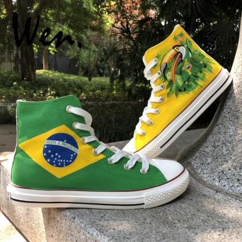 Wen Unisex Hand Painted Shoes Design Custom Brazil Flag Bird Green-Winged Macaw High Top Canvas Sneakers Christmas Gifts