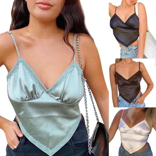 Y2k New Sexy Solid Halter Camisole Women V-neck Women Irregular Backless Lace Stitching Ladies Top 2021