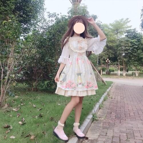 Japanese JSK Lolita Dress Chiffon Strap Dress Lolita Skirt Kawaii Sweet Soft Girl Printed Suspender Dress