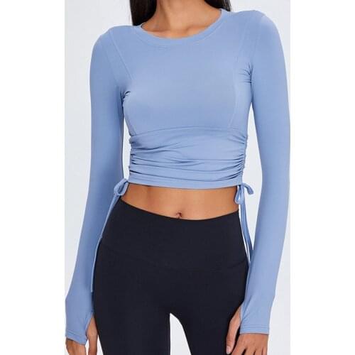 Women Yoga Shirt Crop Tops Running Sports T Shirt Nylon Yoga Fitness Shirts Long Sleeve with Thumb Holes