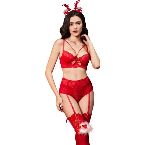 Women Christmas sexy bra set underwear garter stockings 3 pieces of the birth year red suit red Christmas velvet stocking Elk