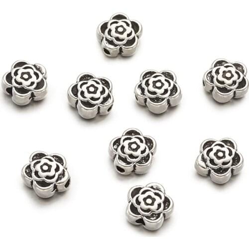 100pcs/Set Tibetan Antique Silver Color Flower Beads Lead and Cadmium Free Spacer Bead for DIY Jewelry Making Bracelet Hole:1mm