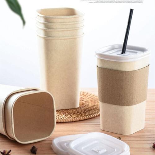 50pcs High quality 500ml degradable sugarcane pulp paper disposable coffee cups creative square hot drink party cup with lid