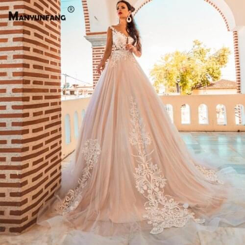 Custom Made O-Neck Sleeveless Chapel Train Bridal Ball Gown Luxury Embroidery Appliques Tulle Button Back Wedding Dress 2021