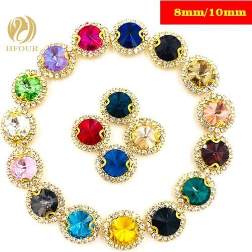 Free shipping 8mm 10mm round shape gold base Mixed color Crystal glass Crystal button sew on rhinestones diy garment accessories