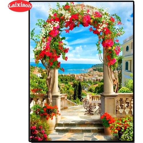 Flower garden arch view Diamond painting full square round 5d diy picture diamond Embroidery Mediterranean Wall mural landscape
