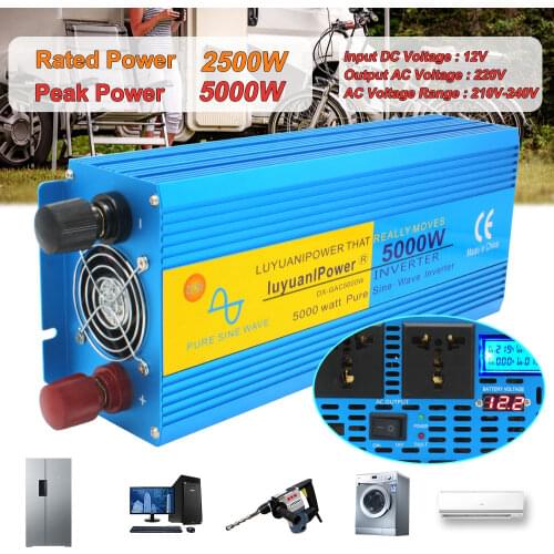 DC12V 24Vto AC 220V or110V 5000Watts Dual LCD Display Peak Pure Sine Wave Power Inverter US/Universal plug Home/outing Inverte