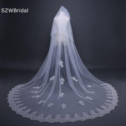 New Arrival Ivory Cathedral Wedding Veil Two Layers Appliques Lace Bridal veils Voile Slub Velo novia Sexy Weeding accessoire