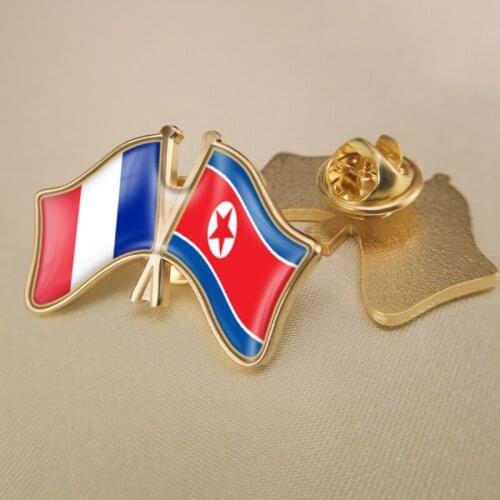 France and North Korea Crossed Double Friendship Flags Lapel Pins Brooch Badges