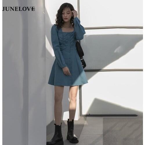 JuneLove Long Sleeve Dress Women Square Collar French Style High Waist Korean Version A-Line Mini Dresses Retro Chic Vestidos