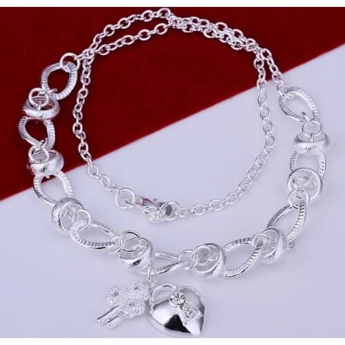 N190 Hot Sale Fine Silver Color Jewelry,Wholesale 925 Charms Free Shipping Fashion Inlaid Heart Lock And Flower Key Pendants