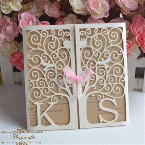 Premium customized initial design paper tree laser cut wedding invitation cards