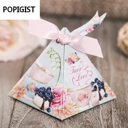 Pink blue Floral Flower Printed Gift Box Triangular Pyramid Wedding Favors Candy Boxes Party Favors Box Giveaways Box 50pcs