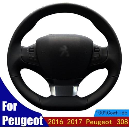 Hand-stitched DIY Car Steering Wheel Cover Genuine Leather For Peugeot 2016 2017 Peugeot 308 Accessories