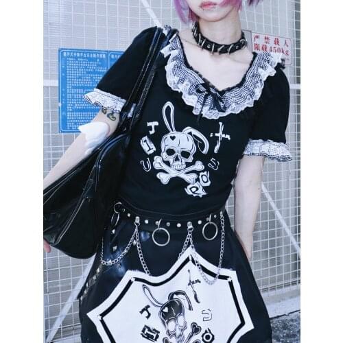 Ruibbit Gothic Girls Slim Elastic Round Neck Short T-shirt Summer Sexy Punk Women Black White Skull Pullover Shirts