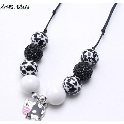 MHS.SUN Cute design child kids adjustable rope necklace cow pendant girls baby chunky beads necklace handmade chunky jewelry 1pc