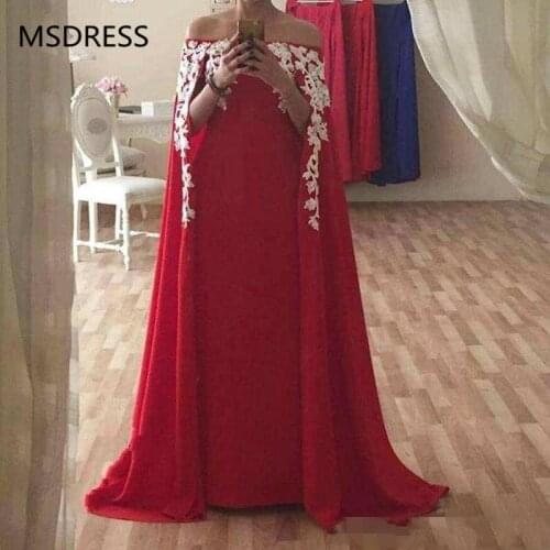 Red Muslim Evening Dresses 2019 with Cape A-Line Strapless Lace Appliques Dubai Saudi Arabic Formal Pageant Prom Evening Gowns