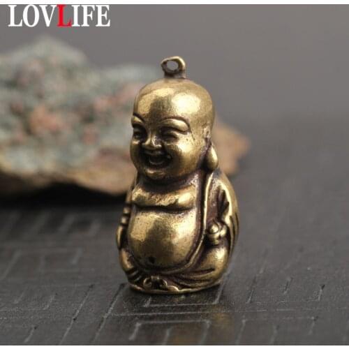 Vintage Solid Brass Maitreya Buddha Statue Key Chain Pendants Pure Copper Laughing Big Belly Buddha Keychains Hanging Ornaments