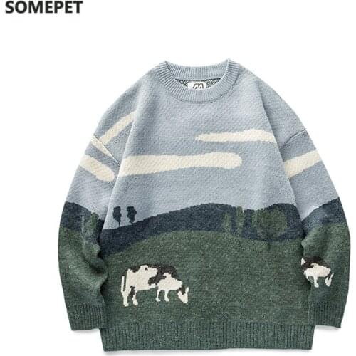 Youth Men Cows Vintage Winter Sweaters 2020 Pullover Mens O-Neck Korean Fashions Sweater Women Casual Harajuku Clothes