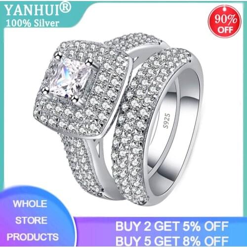 YANHUI Original Luxury Big Wedding Rings Set for Bridal Women Engagement Finger Ring Silver 925 Jewelry With Certificate R149