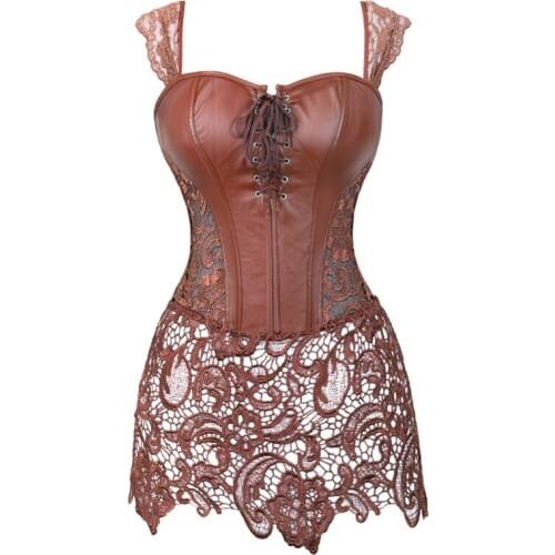 Women Faux Leather&Lace Burlesque Steampunk Corset Dress Waist Gothic Bustier Corpet Sexy Lingerie Plus Size Black Brown Red