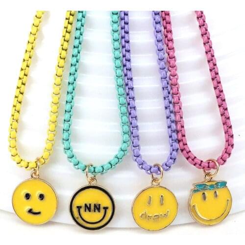 3Pcs Female Enamel Smiley Face Choker Necklaces For Women Multicolor Box Chain Necklace Fashion Summer Party Jewelry Gift