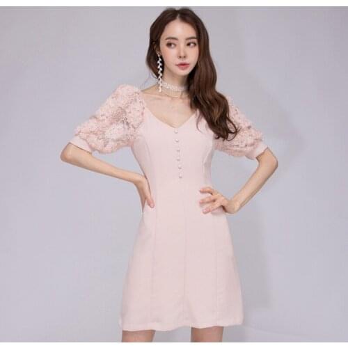 New Elegant Korean Lace Pink embroidery women Dress Vintage Waist Sexy Backless women Dresses Fashion V-neck vestidos Female
