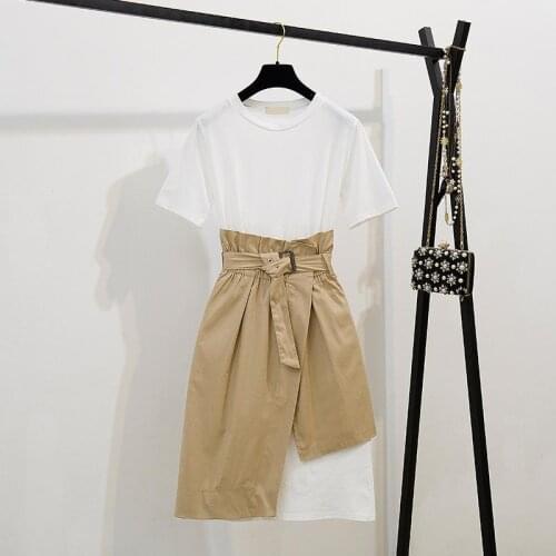 Office lady Korean style women dress 2 piece set long t-shirt dress casual girl suit streetwear cute 2 piece outfit summer dress