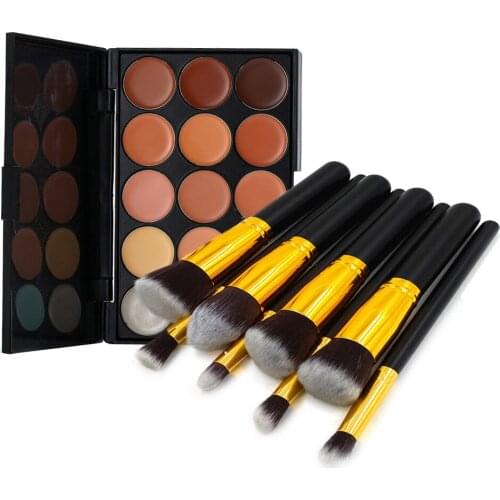 15 Colors Contour Face Cream Makeup Concealer Palette 8PC Powder Brush Gold
