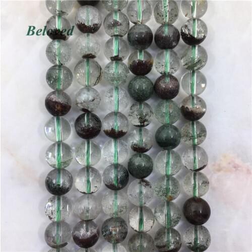 Boho Polished Round Green Moss Phantom Crystal Loose Beads, 15.5" Raw Quartz Gems Stone Drilled Bead For Gifts Making, BG18137