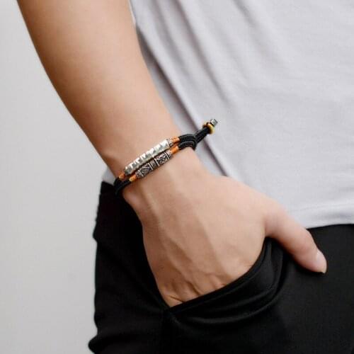 S999 Sterling Silver Color Om Mani Padme Hum Engraved Bend Charm S925 Braided Bracelet for Men Double Layers Lucky Rope Chain
