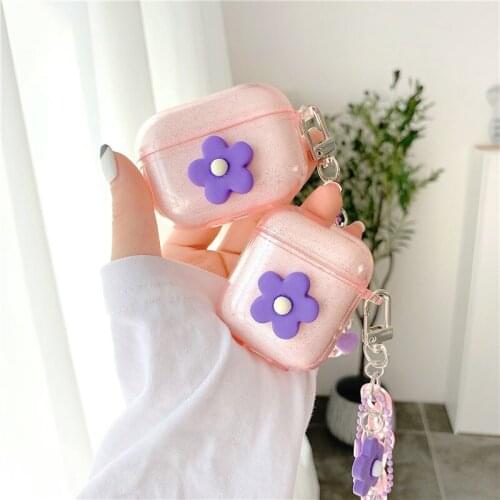 Pink Cute Korean Flower Earphone Case for Airpods 1 2 Bluetooth Earphone Cover for Airpods Pro with Floral Ornament Bracelet