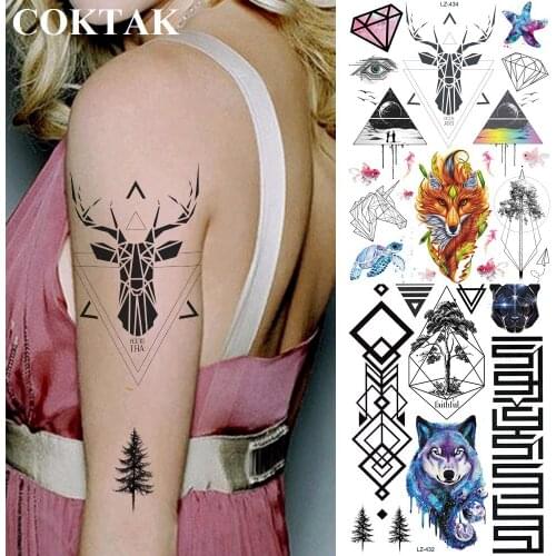 COKTAK Tribal Wolf Fox Totem Temporary Tattoos Sticker Geometric Deer Elk Waterproof Tatoos Triangle Body Art Wrist Tattoo Paper