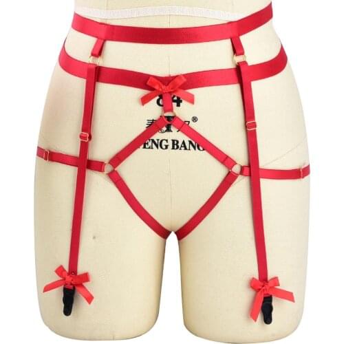 Fetish Harness Garter Belt Red Bow Elastic Goth Lingerie Suspender Belt Bondage Harness Sexy Wedding Leg Stockings Garter Belt