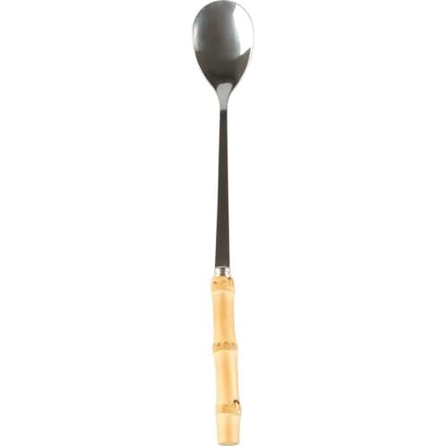 Stainless Steel Bamboo Rott Wooden Handle Coffee Dessert Milk Tea Drink Honey Stirring Small Long Ice Spoon